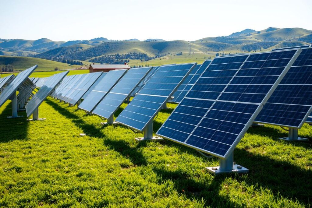 Bifacial solar panels illuminated by bright, direct sunlight, casting sharp shadows on the ground below. The panels stand in a neat, organized array, their sleek metallic frames and highly reflective surfaces catching the light at various angles. The landscape is a lush, verdant field, with rolling hills in the distance. The scene conveys a sense of efficiency, innovation, and harmonious integration of renewable energy technology within a natural environment. The lighting is dramatic, with strong shadows and highlights that emphasize the three-dimensional form of the panels. Captured at a medium-range perspective, allowing the viewer to appreciate the scale and scope of the installation.