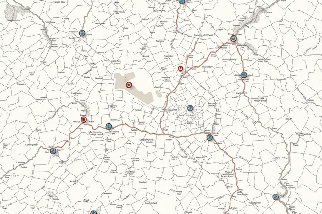 Detailed, highly-organized cadastral map of rural properties, featuring precisely delineated parcels, with precise boundaries and survey markers. Rendered in a clean, technical style with muted colors and subtle textures, conveying a sense of order and comprehensiveness. Aerial perspective with a slight birds-eye view, allowing the viewer to appreciate the comprehensive scope of the cadastral data. Illuminated by soft, even lighting, with a neutral, professional tone. Angles and composition emphasize the structured, systematic nature of the rural land registry system. No distracting elements, the focus is entirely on the essential cadastral information.