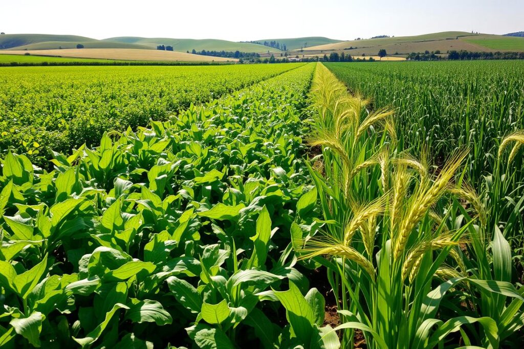 Lush, verdant fields of rotating crops, a harmonious dance of diverse plantings. Sunlight filters through swaying stalks, casting intricate patterns on the fertile soil. In the foreground, rows of vibrant vegetables intermingle with towering grains, their leaves and stems intertwined in a symphony of growth. Midground showcases the gradual transition, as legumes and tubers take root, replenishing the earth. Backgrounded by rolling hills, the scene exudes a sense of natural abundance and ecological balance, a testament to the power of strategic crop rotation. Crisp, realistic details capture the texture of each plant, the warmth of the sun, and the overall tranquility of this bountiful landscape.
