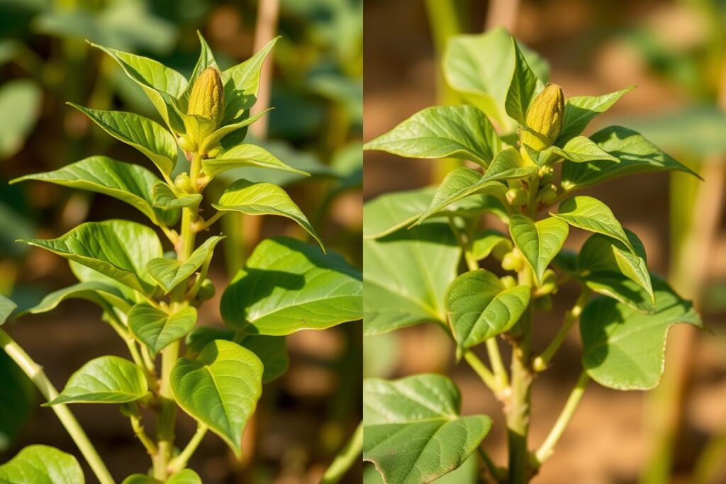 Two side-by-side close-up images of soybean plants, one genetically modified (transgenic) and one non-genetically modified (non-transgenic). The transgenic plant has vibrant green leaves and a robust, healthy appearance, while the non-transgenic plant appears slightly smaller and less lush. The background is blurred, keeping the focus on the distinct characteristics of the two soybean varieties. Warm, natural lighting casts soft shadows, emphasizing the texture and form of the plants. The composition is balanced, with the two plants occupying equal space and positioned to highlight their differences in a clear, informative manner.