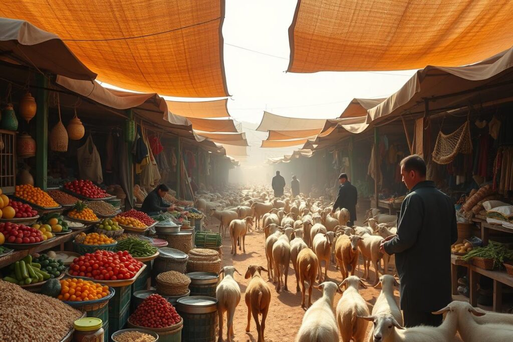 A bustling open-air marketplace in a war-torn region, overflowing with an abundance of fresh produce and livestock. Vibrant stalls display an array of locally-grown fruits, vegetables, and grains, while herders tend to their herd of sheep and goats. The air is thick with the scent of spices and the clamor of vendors vying for the attention of hungry customers. Amidst the chaos, a sense of resilience and determination radiates, as the community gathers to fulfill its basic needs in the face of ongoing conflict. Warm, diffused sunlight filters through the makeshift canopies, casting a soft, golden glow over the bustling scene. The image captures the increased demand for essential food supplies in regions affected by war, highlighting the resourcefulness and perseverance of the local population.