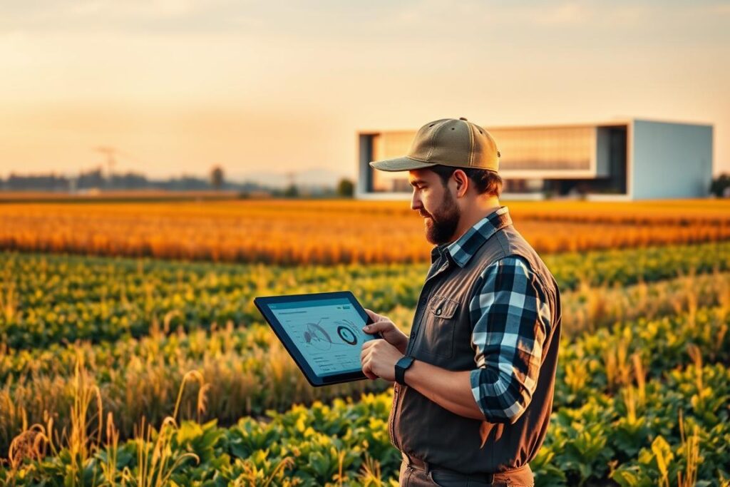 A digital landscape showcasing a variety of agricultural technology solutions. In the foreground, a farmer using a tablet to access real-time data and control precision farming equipment. In the middle ground, a series of interconnected IoT sensors monitoring crop health and soil conditions. In the background, a sleek, modern office building representing a digital consulting service for agribusiness. Warm, natural lighting illuminates the scene, conveying a sense of innovation and efficiency. The overall atmosphere evokes a forward-thinking, technology-driven approach to sustainable and profitable agricultural practices.