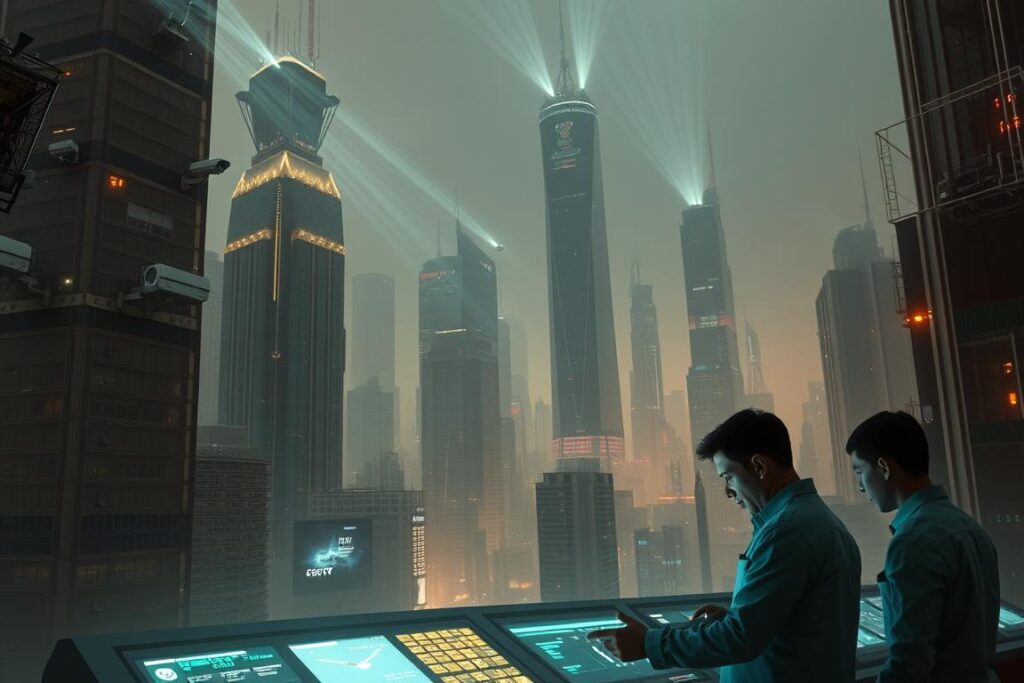 A futuristic cityscape with towering skyscrapers and a network of surveillance cameras and sensors mounted on their facades. Beams of light from the cameras sweep across the scene, creating an ethereal, cyberpunk atmosphere. In the foreground, a team of technicians examines a console, their faces illuminated by the glow of holographic displays. The background is hazy, with a faint urban hum and the flicker of digital interfaces. The overall mood is one of technological progress and the challenges of implementing intelligent monitoring systems in a complex urban environment.