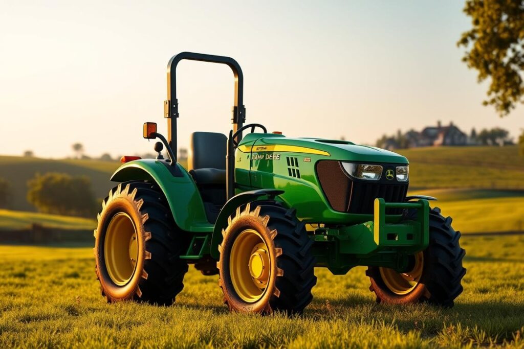 A highly detailed, photorealistic render of a John Deere 1025R compact utility tractor, showcased in a verdant countryside setting. The tractor is positioned prominently in the foreground, its sleek green bodywork gleaming under the warm afternoon sun. The scene captures the tractor's power and precision, with its robust tires and sturdy frame suggesting its ability to handle a variety of tasks on small-scale farms and properties. The background features a lush, rolling landscape dotted with trees and a distant farmhouse, creating a pastoral, idyllic atmosphere. The image is captured from a low, three-quarter angle, emphasizing the tractor's muscular presence and highlighting its advanced technological features.