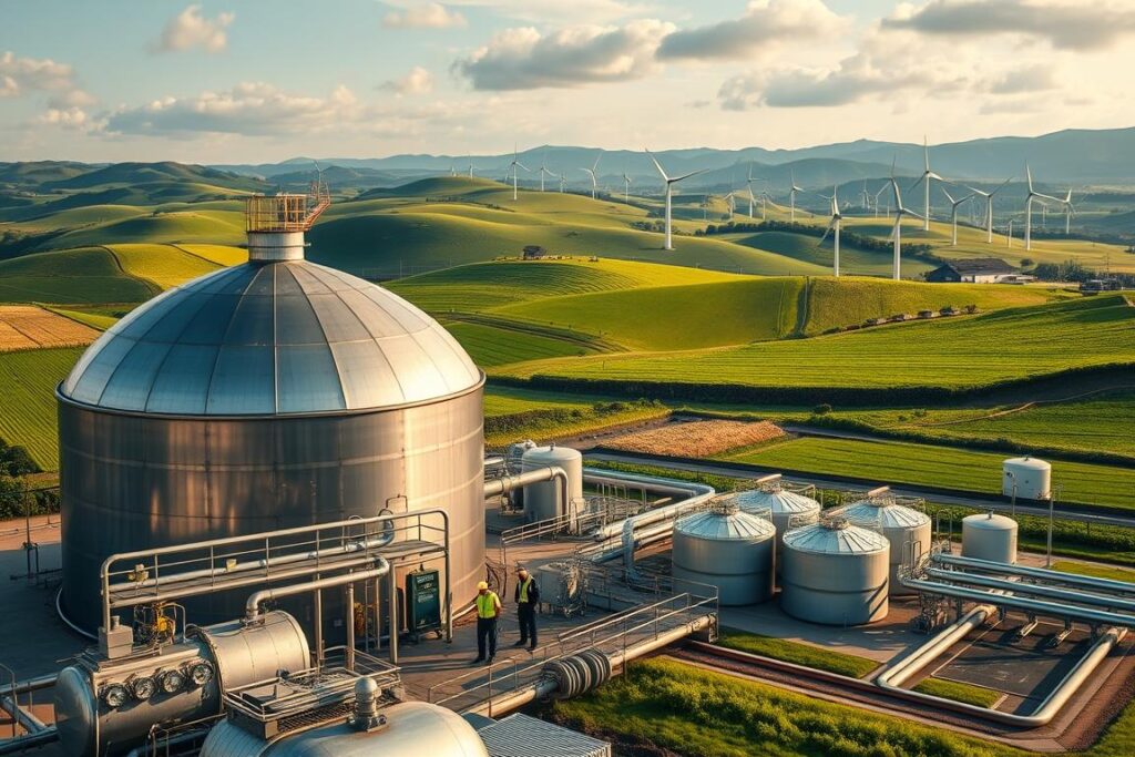 A large-scale anaerobic digester, surrounded by lush green fields and rolling hills, stands as the centerpiece of a bustling biogas production facility. The digester's sleek metallic exterior reflects the sunlight, casting a warm glow across the scene. In the foreground, a group of workers meticulously monitor the system's gauges and controls, ensuring optimal efficiency. The middle ground features neatly organized storage tanks and pipelines, transporting the generated biogas to nearby distribution hubs. In the background, a modern wind turbine farm complements the renewable energy theme, creating a harmonious blend of sustainable technologies. The overall atmosphere conveys a sense of innovation, environmental responsibility, and the promise of a greener future.