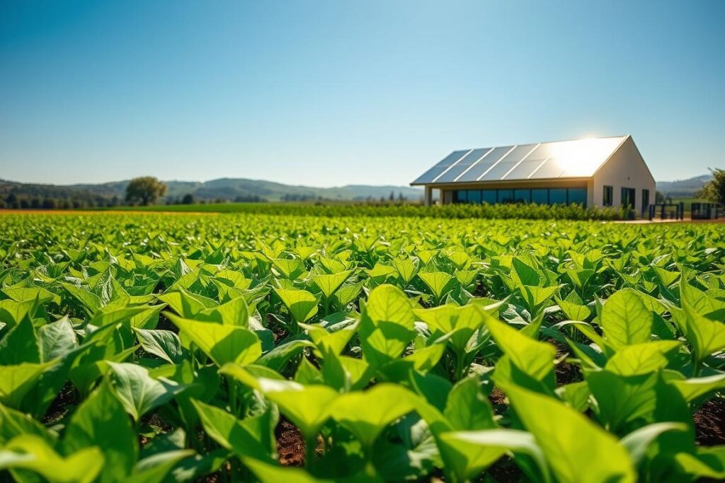 A lush, verdant agricultural landscape showcasing sustainable farming practices. In the foreground, rows of healthy crops sway gently in the breeze, their leaves rustling with the promise of bountiful harvest. The middle ground depicts a modern, self-sufficient farm structure, its solar panels gleaming in the warm sunlight, symbolizing the off-grid energy solution. In the background, rolling hills and a clear blue sky create a serene, pastoral atmosphere. The scene conveys a harmonious balance between human stewardship and the natural environment, with advanced technology seamlessly integrated to promote ecological sustainability.