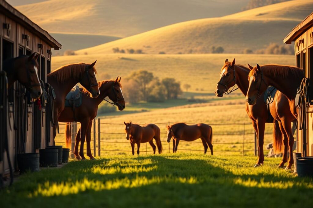 A lush, verdant field with rolling hills in the background, bathed in warm, golden sunlight. In the foreground, a well-appointed stable with meticulously groomed horses standing in their stalls, their rich chestnut and bay coats gleaming. Tack and equipment are neatly organized, reflecting the care and attention given to these magnificent animals. A fenced-in paddock occupies the middle ground, where a few horses graze peacefully, their powerful muscles rippling beneath their sleek hides. The scene conveys a sense of harmony, professionalism, and the deep connection between humans and these noble creatures, all captured with a shallow depth of field and a cinematic, filmic quality.