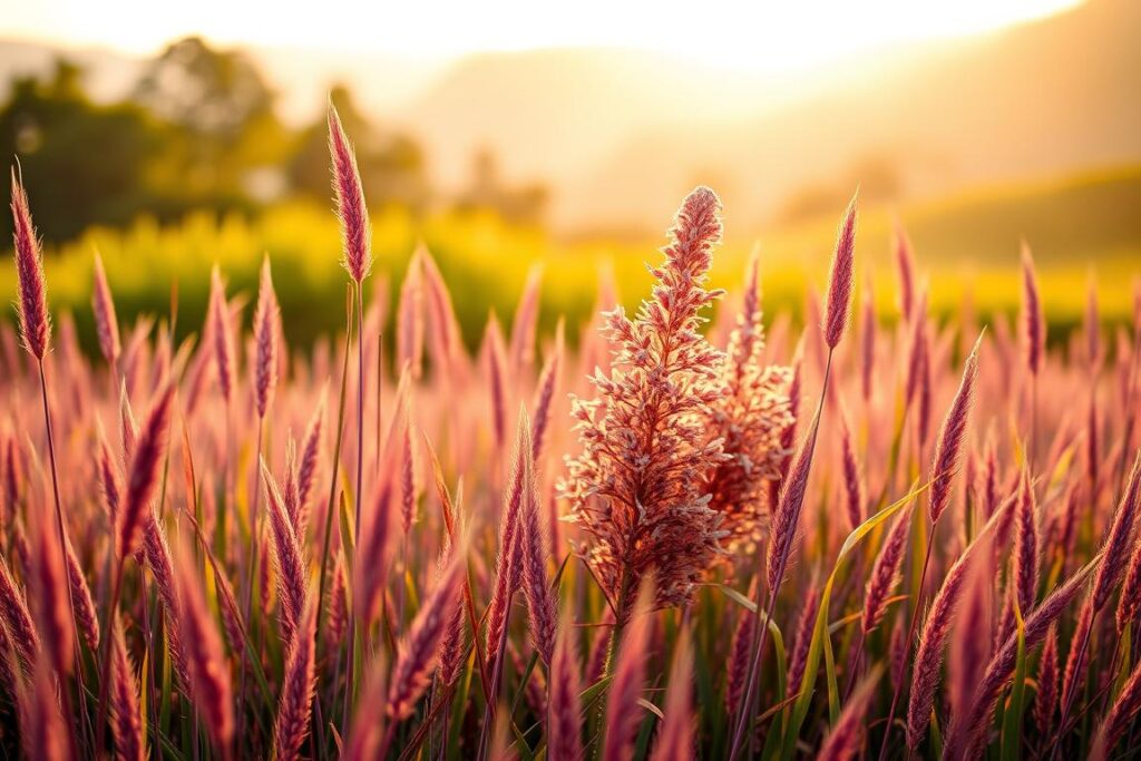 A lush, vibrant field of Pennisetum purpureum cv. Kurumi, commonly known as Capim Kurumi, stretches out under a warm, golden sunlight. The tall, slender stems sway gently in a light breeze, their distinctive purple hues shimmering. In the foreground, individual blades of grass are rendered in fine detail, showcasing the unique texture and pattern of this rare forage. The middle ground features a dense cluster of the plant, its plume-like inflorescences adding a touch of elegance. The background fades into a softly blurred, scenic landscape, creating a sense of depth and tranquility. The overall composition evokes a sense of natural beauty and the untapped potential of this remarkable forage species.