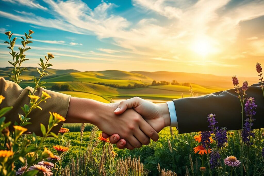 A lush, vibrant landscape showcasing strategic partnerships for rare forage businesses. In the foreground, two hands shake in a symbolic agreement, framed by flourishing plants and flowers. The middle ground features a serene pastoral scene with rolling hills, a pond, and diverse forage species. In the background, a sun-dappled sky with wispy clouds sets an inviting, inspirational tone. Warm lighting bathes the entire composition, conveying a sense of prosperity and new opportunities. The image exudes a harmonious blend of nature, cooperation, and the promise of untapped agribusiness potential.