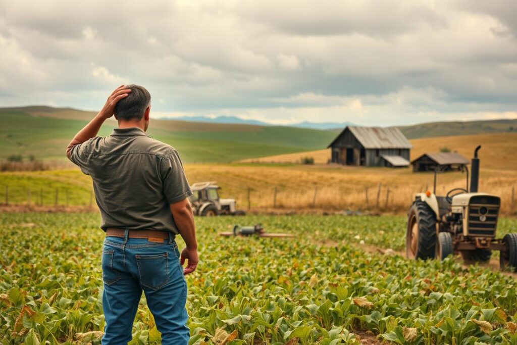 A pastoral scene depicting the common pitfalls of rural planning. In the foreground, a farmer scratches his head, surveying a disorganized field with wilting crops and scattered tools. The middle ground shows a ramshackle barn and a tractor in disrepair, highlighting the lack of proper maintenance. In the background, rolling hills and a cloudy sky convey a sense of gloom and missed opportunities. The lighting is soft and hazy, creating an atmosphere of uncertainty and missed potential. Captured with a wide-angle lens to emphasize the expansive, yet haphazard, nature of the scene.