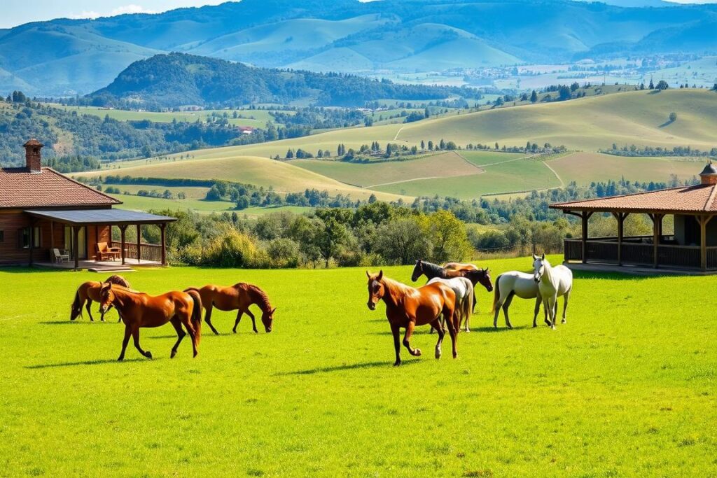 A picturesque agroturismo nestled in verdant hills, with a herd of majestic purebred horses grazing in a lush meadow. The sun casts a warm glow, illuminating the chestnut and palomino coats of the magnificent equines. In the foreground, a classic farmhouse with a rustic wooden exterior and a wide porch overlooks the scene, while in the distance, rolling hills dotted with olive groves and vineyards create a serene, pastoral landscape. The scene conveys a sense of tranquility and the joy of rural living, showcasing the potential for a thriving equestrian-focused agroturismo business.