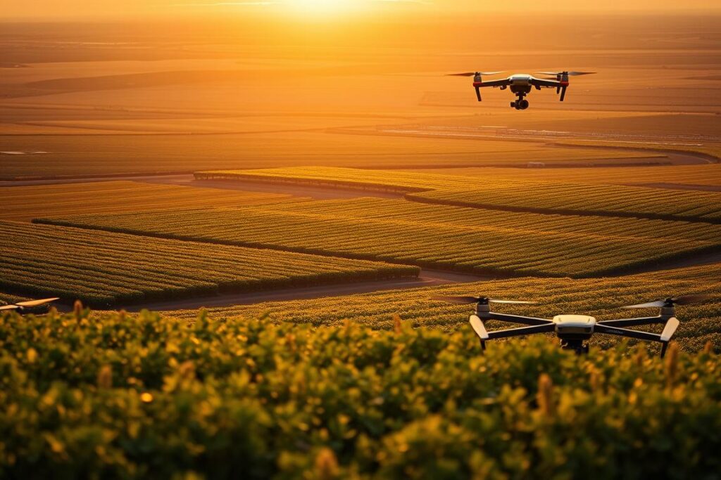 A precision-engineered agricultural landscape, bathed in a warm, golden glow. In the foreground, cutting-edge farm equipment and smart sensors monitor soil, weather, and crop health, seamlessly optimizing yields. The midground showcases sleek data visualization dashboards, displaying real-time analytics and predictive insights to drive informed decision-making. In the background, a sprawling expanse of lush, verdant fields, interwoven with a network of autonomous drones and robotic systems, working in harmony to streamline every aspect of the agricultural process. The scene conveys a sense of technological sophistication, efficiency, and a future-forward approach to securitizing the agro-industry.
