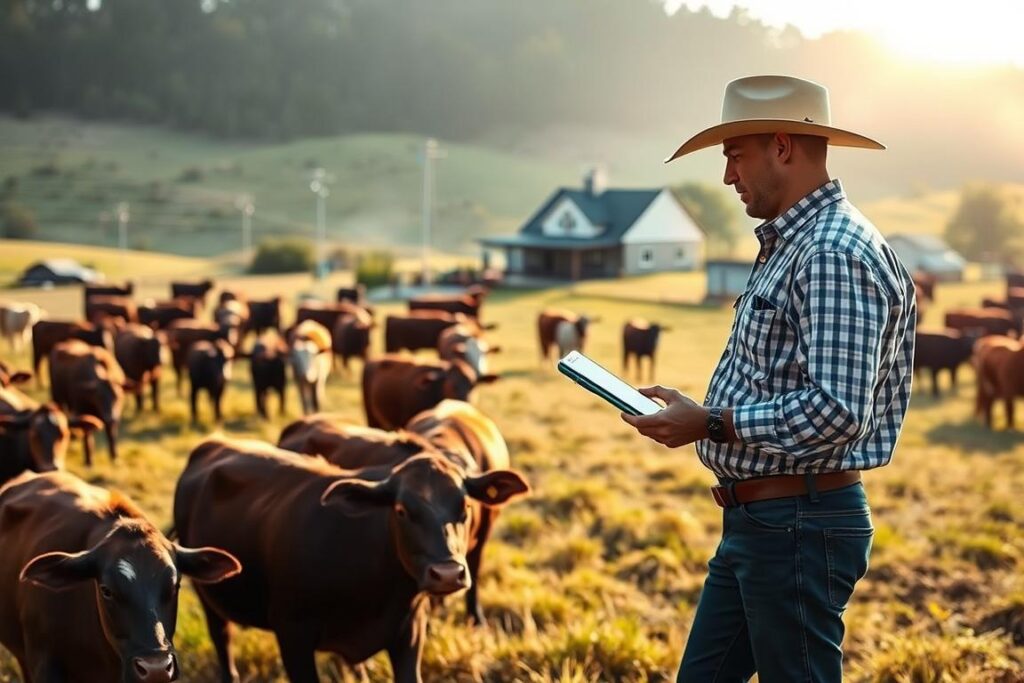 A precision livestock farming scene with Internet of Things (IoT) technology. In the foreground, a rancher inspects a herd of cattle, monitoring their health and movement through a handheld device. The middle ground features a network of IoT sensors and devices dispersed throughout the pasture, collecting real-time data on livestock conditions, feed levels, and environmental factors. In the background, a modern farmhouse and outbuildings are visible, suggesting a small, well-equipped operation. The lighting is natural, with a soft, golden glow casting a serene atmosphere over the scene. The camera angle is slightly elevated, providing a comprehensive overview of the precision farming system in action.