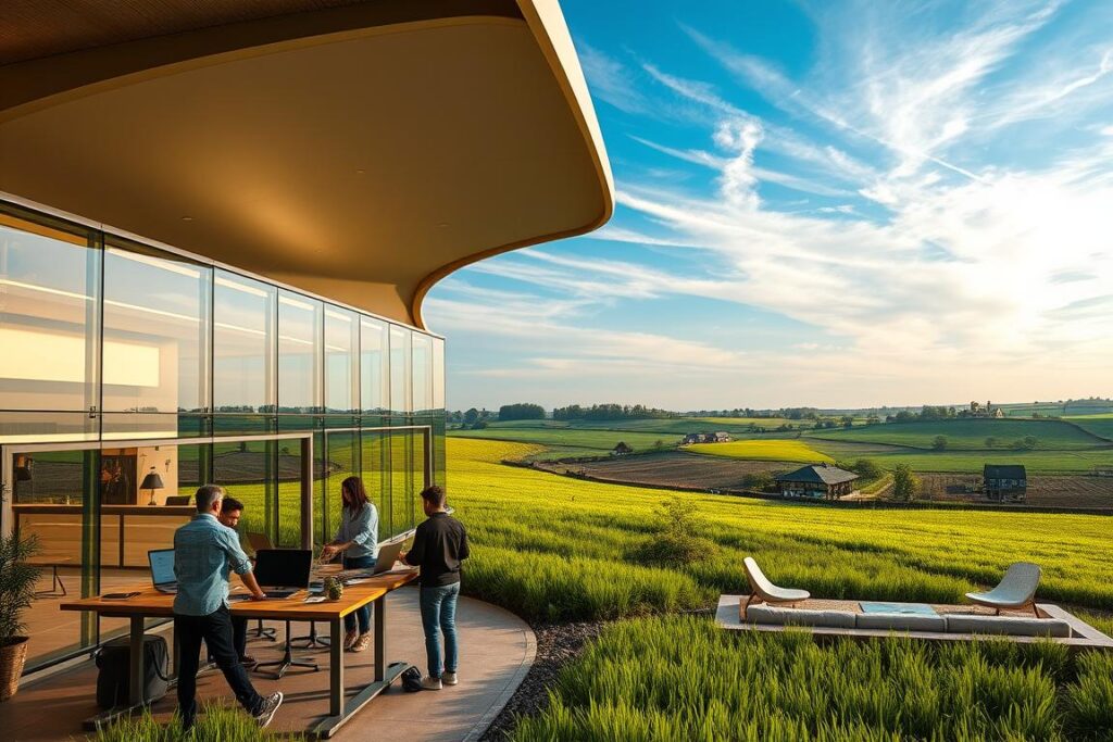 A rural coworking space nestled amidst lush green fields, with a futuristic architectural design that seamlessly blends modern technology with the natural environment. The building features sweeping glass facades, clean lines, and sleek metallic accents, creating an airy and innovative atmosphere. In the foreground, a group of coworkers collaborate at standing desks, their laptops and tablets illuminated by the warm, diffused lighting from overhead fixtures. In the middle ground, a communal lounge area invites relaxation, with plush seating and natural materials like wood and stone. The background showcases the idyllic countryside, with rolling hills, distant farmhouses, and a brilliant blue sky dotted with wispy clouds, conveying a sense of tranquility and inspiration.