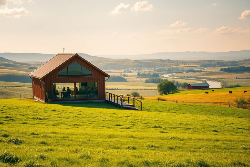A rustic, sun-dappled landscape with a small, well-equipped startup office nestled among rolling hills and verdant fields. In the foreground, a modern barn-style structure with large windows and a cozy porch, housing a team of agricultural consultants hard at work. The middle ground features lush pastures dotted with grazing livestock, while the background showcases a picturesque rural horizon, complete with a winding river and majestic mountains. The lighting is warm and golden, creating a sense of productivity and tranquility. The overall scene conveys the perfect balance of technology, nature, and entrepreneurial spirit for a thriving rural startup focused on technical agricultural services.