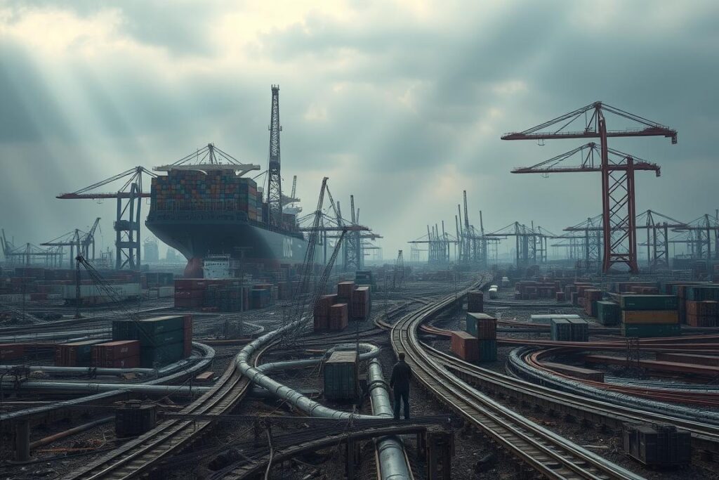 A sprawling industrial landscape, dominated by towering cargo ships, cranes, and containers stacked high. The sky is overcast, casting a somber, foreboding tone. In the foreground, a tangled web of transportation infrastructure - railways, highways, and pipelines - lie in disrepair, signaling a breakdown in the global supply chain. Amidst the chaos, a lone figure stands, surveying the scene with a mix of concern and contemplation. The lighting is dramatic, with shafts of light piercing through the gloom, casting long shadows across the scene. The overall mood is one of crisis and uncertainty, hinting at the potential consequences of a logistical collapse.