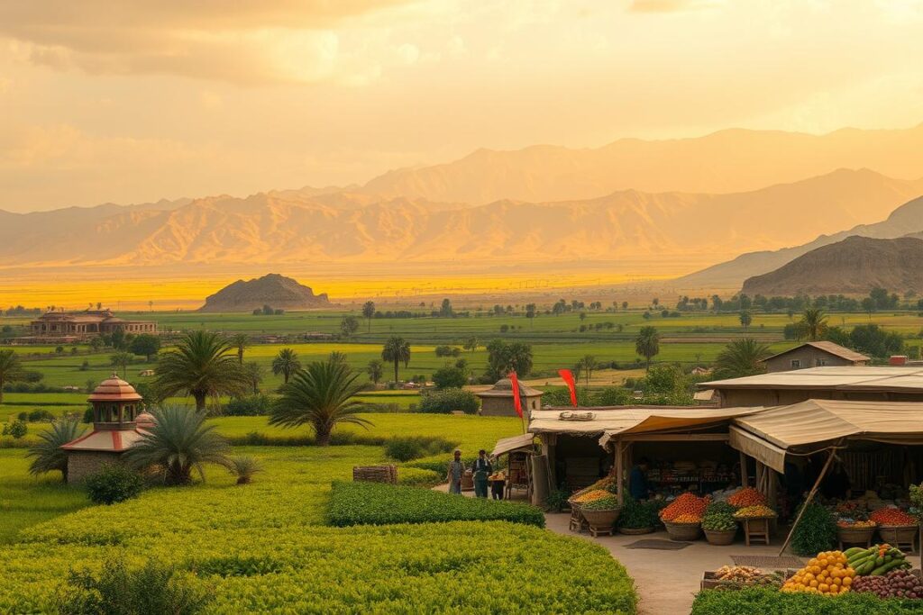 A sprawling, lush landscape of vibrant greens and golds, with towering mountains in the distance, bathed in a warm, golden light. In the foreground, a bustling marketplace, with merchants peddling an array of exotic produce and wares. The scene exudes a sense of boundless opportunity and expansion, hinting at the vast, untapped potential of agricultural markets beyond the traditional Middle Eastern sphere. A wide-angle, cinematic perspective, capturing the scale and grandeur of this untapped frontier, inviting the viewer to imagine the possibilities that lie ahead.