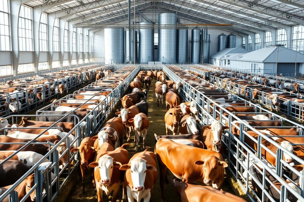 A sprawling modern livestock facility, with rows of pens housing a diverse array of cattle in a compact, efficient layout. Bright, natural light streams in through large windows, illuminating the well-maintained enclosures. Sleek metal fencing and automated feeding systems suggest a highly mechanized, high-productivity operation. In the foreground, a herd of healthy-looking cows graze contentedly, their glossy coats glistening. The background features towering silos and storage buildings, conveying a sense of industrial scale. The overall scene radiates a sense of technological innovation and maximized resource utilization, capturing the essence of 