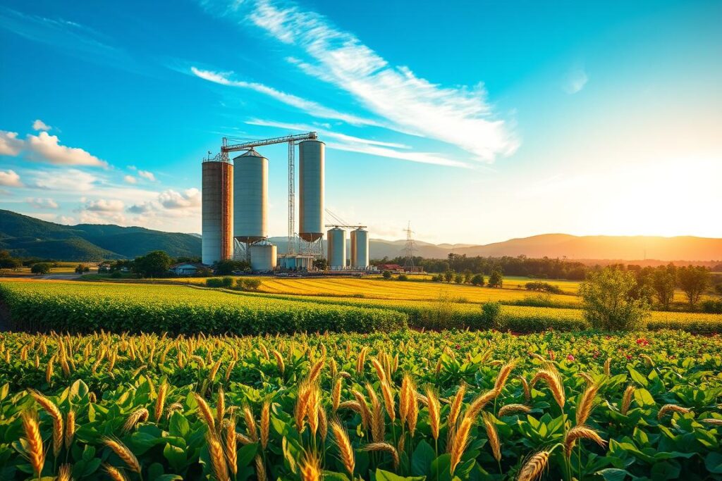 A sweeping landscape depicting the essential elements of Brazil's agricultural policies. In the foreground, a diverse array of crops - lush green fields of soybeans, waving golden wheat, and vibrant vegetable gardens. Towering in the middle ground, modern silos and storage facilities stand as symbols of infrastructure and distribution. The background frames this scene with rolling hills, verdant forests, and a brilliant azure sky, conveying a sense of abundance and environmental harmony. Warm, diffused lighting casts a golden glow, highlighting the productivity and vitality of Brazil's agricultural landscape. This image captures the potential for Brazil to be a global food and energy provider, powered by thoughtful public policies that nurture the country's natural bounty.
