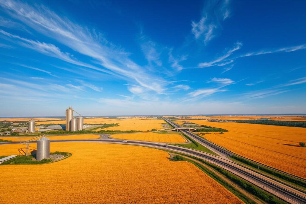 A vast expanse of golden fields, stretching out to the horizon. In the foreground, towering silos and grain elevators stand as sentinels, their metallic exteriors reflecting the warm hues of the sun. Midground, a network of highways and rail lines weave through the landscape, carrying the bountiful harvest of corn and soybeans to distant ports. In the background, a deep blue sky peppered with wispy clouds casts a serene, yet powerful atmosphere. The scene conveys the scale and significance of Brazil's role as a global agricultural powerhouse, ready to meet the world's growing demands for food security, even in times of crisis.