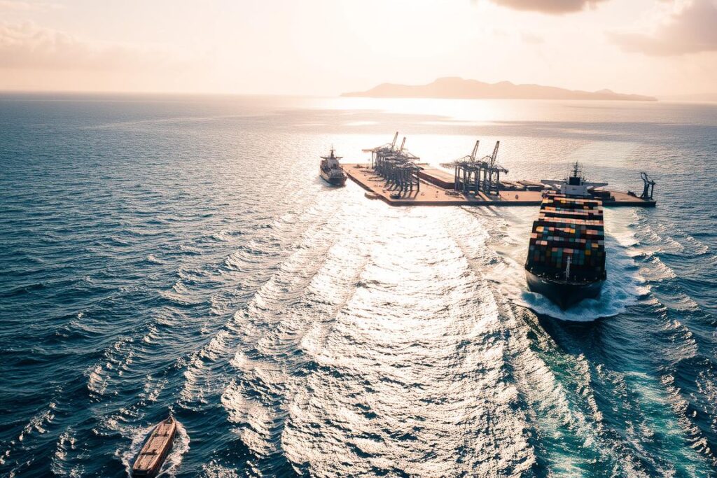 A vast ocean expanse, with waves crashing against the hulls of massive cargo ships. In the foreground, a towering container vessel, its deck laden with colorful intermodal containers, glides across the shimmering blue waters. The midground features a bustling harbor, with smaller tankers and bulk carriers maneuvering deftly between the docks. In the background, the silhouettes of distant mountains rise, creating a sense of scale and depth. Warm, golden sunlight filters through the clouds, casting a soft glow over the entire scene. The overall mood conveys the global reach and economic importance of maritime transportation, with a sense of power and efficiency.