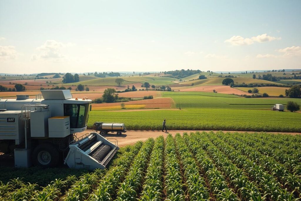 A vast, sun-drenched agricultural landscape, where large and small farms are seamlessly integrated. In the foreground, a cluster of modern, state-of-the-art farm equipment operates with precision, efficiently processing crops. In the middle ground, workers in the fields tend to their tasks, their movements choreographed in a harmonious dance. The background reveals rolling hills dotted with rows of thriving crops, their verdant hues contrasting with the cloudless azure sky. The scene radiates a sense of technological sophistication and sustainable productivity, capturing the essence of agricultural securitization operations across both expansive and modest farming operations.