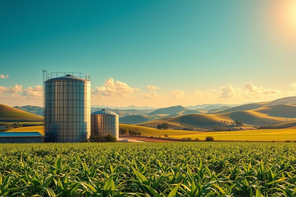 A vibrant, photorealistic landscape depicting successful biogas projects in Brazil. In the foreground, a modern biogas plant stands majestically, its gleaming steel tanks and sleek design showcasing technological innovation. In the middle ground, lush green fields dotted with swaying crops surround the plant, representing the abundant agricultural resources being converted into clean energy. The background features rolling hills and a cloudless azure sky, bathed in warm, golden sunlight that casts a serene, prosperous atmosphere. The scene conveys a harmonious balance between nature, technology, and sustainable energy production - a true showcase of Brazil's thriving biogas industry.