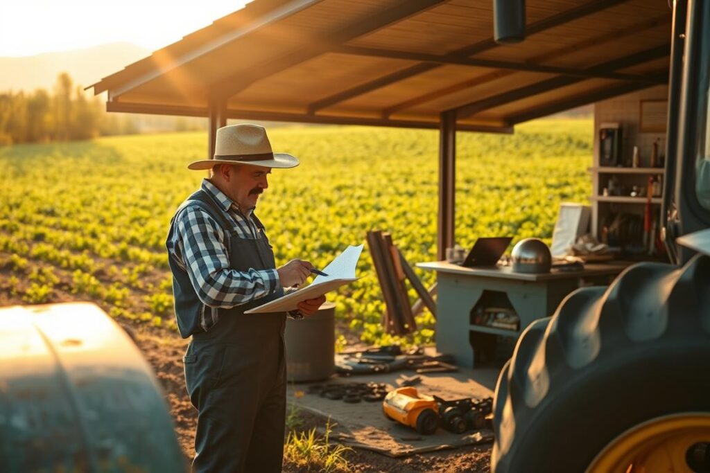 A well-maintained rural landscape, with a focus on preventive maintenance. In the foreground, a farmer inspecting farm equipment, assessing its condition and planning a maintenance schedule. The middle ground features a well-organized workshop, stocked with tools and spare parts, conveying a sense of proactive care. In the background, a lush green field dotted with healthy crops, symbolizing the benefits of a well-maintained farm. Warm, golden sunlight filters through, casting a soft glow over the scene. The overall atmosphere is one of efficiency, diligence, and a deep understanding of the importance of preventive maintenance in maximizing agricultural productivity and profitability.