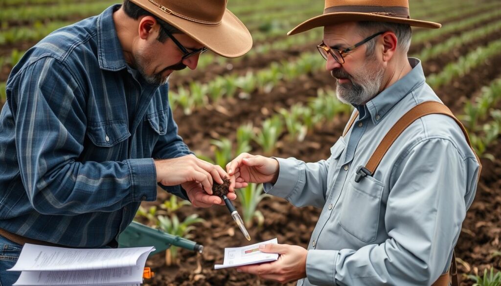 Agricultor analisando amostra de solo com especialista para diagnóstico completo Agricultor analisando amostra de solo com especialista para diagnóstico completo
