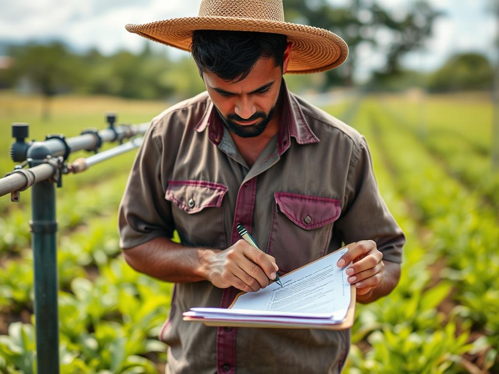 Agricultor consultando checklist de implementação dos métodos de eficiência Agricultor consultando checklist de implementação dos métodos de eficiência
