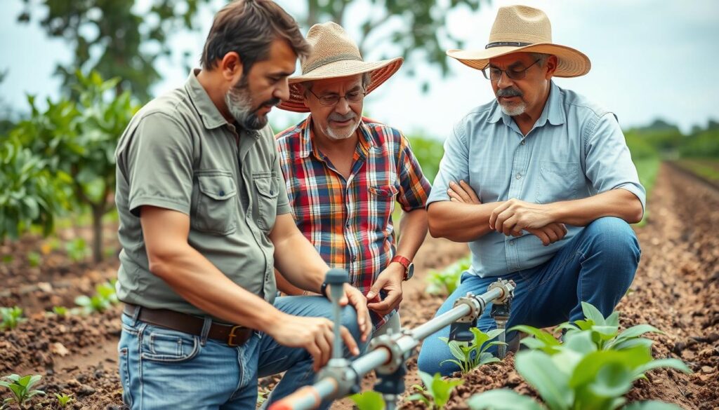 Agricultor consultando especialista sobre dúvidas de irrigação eficiente Agricultor consultando especialista sobre dúvidas de irrigação eficiente