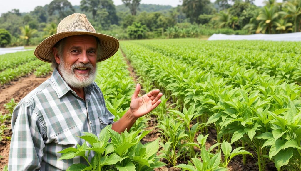 Agricultor mostrando resultados da implementação de métodos de eficiência na irrigação Agricultor mostrando resultados da implementação de métodos de eficiência na irrigação