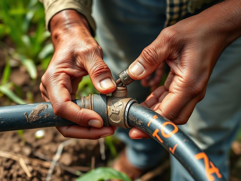 Agricultor reparando vazamento em sistema de irrigação com materiais simples Agricultor reparando vazamento em sistema de irrigação com materiais simples