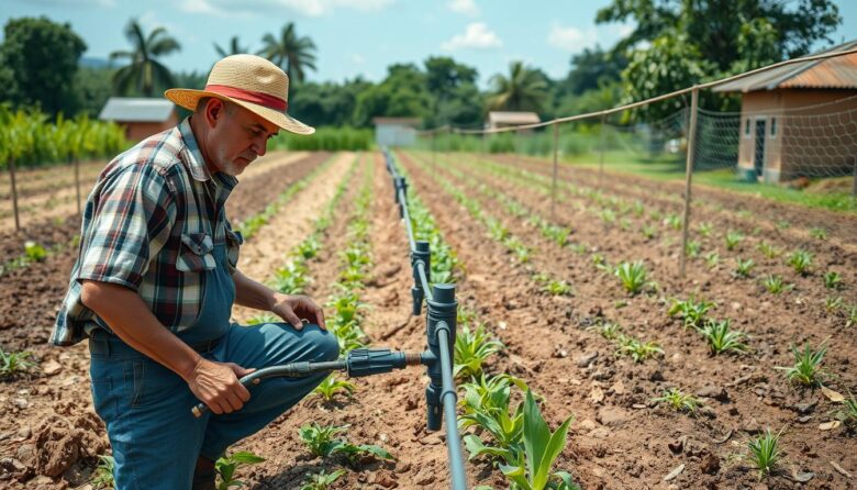 Agricultor verificando sistema de irrigação em pequena propriedade rural