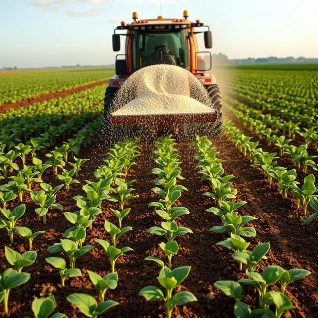 Aplicação de fertilizantes em plantação de soja no Brasil, destacando a dependência do agro brasileiro de fertilizantes importados Aplicação de fertilizantes em plantação de soja no Brasil, destacando a dependência do agro brasileiro de fertilizantes importados