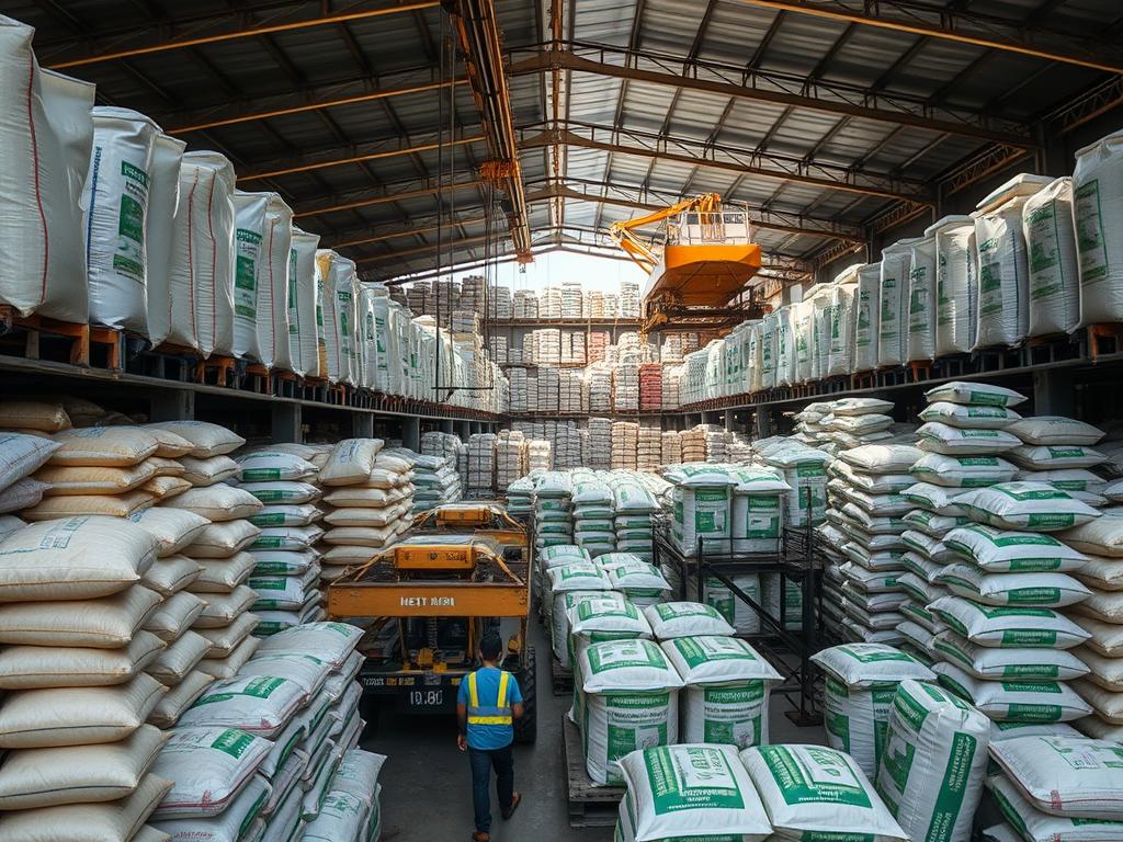 Armazenamento de fertilizantes importados em porto brasileiro, destacando a dependência do Brasil de insumos estrangeiros
