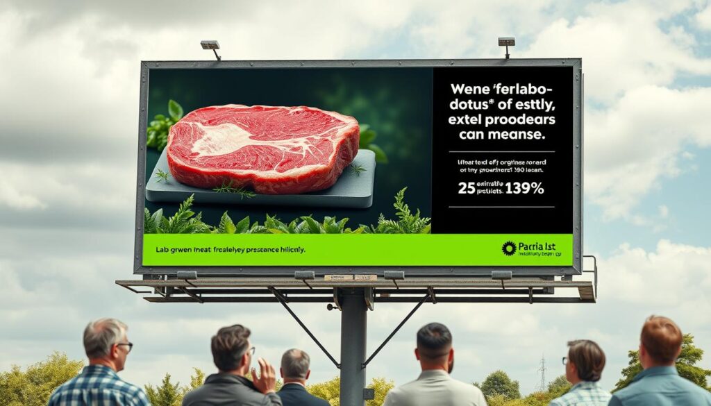Campanha publicitária enganosa promovendo carne sintética como solução ambiental, exemplo da fraude da carne sintética Campanha publicitária enganosa promovendo carne sintética como solução ambiental, exemplo da fraude da carne sintética