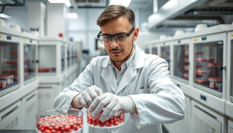 Cientista manipulando amostra de carne sintética em laboratório, demonstrando o processo de fraude da carne sintética