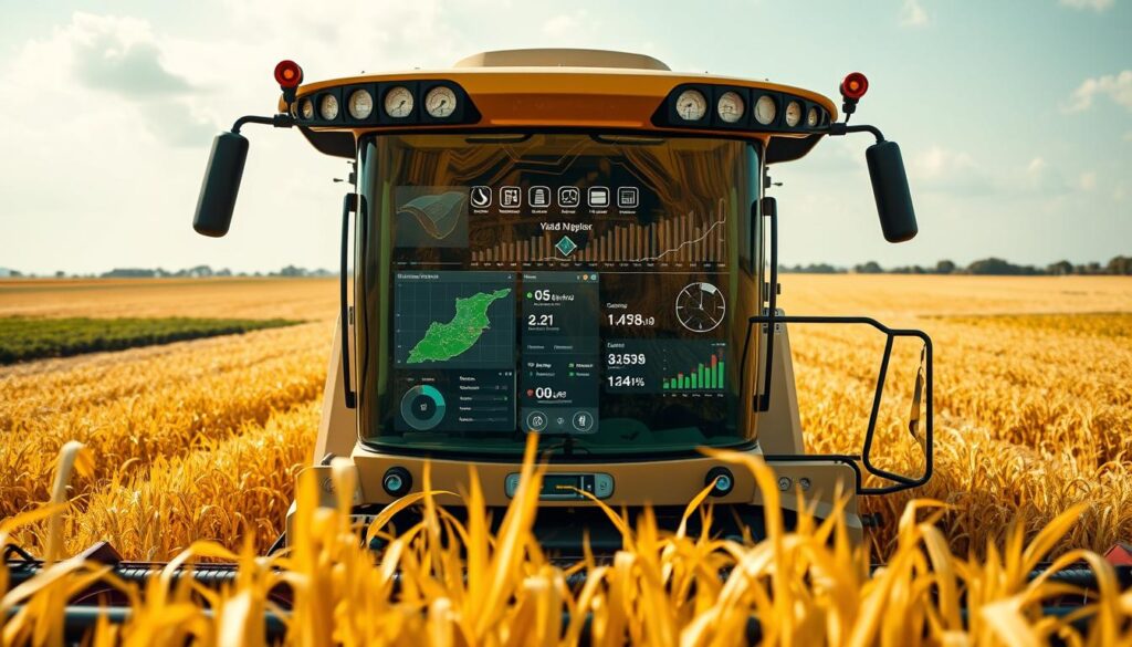 Colheitadeira inteligente com sistema de análise em tempo real gerando lucro no campo Colheitadeira inteligente com sistema de análise em tempo real gerando lucro no campo