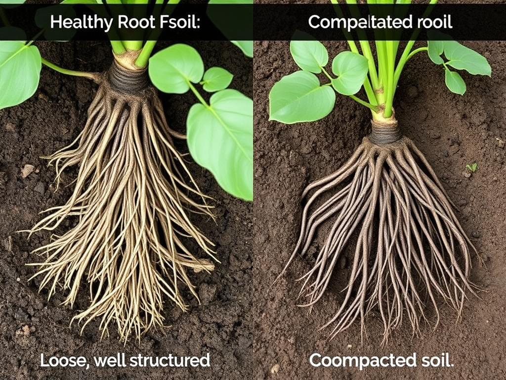 Comparação entre raízes em solo saudável e solo compactado mesmo com adubação e pH ideal