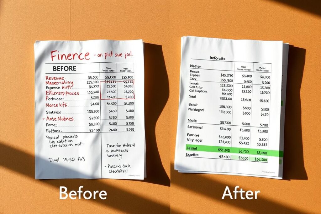 Comparativo financeiro: two side-by-side financial statements, one labeled 