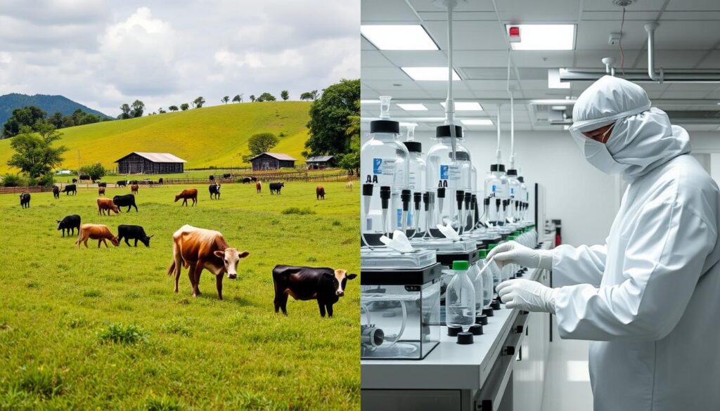 Contraste entre fazenda familiar sustentável e laboratório industrial de carne sintética, ilustrando a fraude da carne sintética Contraste entre fazenda familiar sustentável e laboratório industrial de carne sintética, ilustrando a fraude da carne sintética