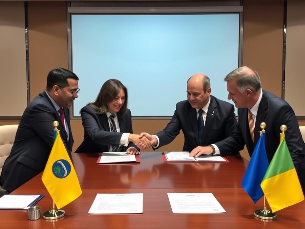 Contrato de exportação de grãos brasileiros sendo assinado com representantes ucranianos Contrato de exportação de grãos brasileiros sendo assinado com representantes ucranianos