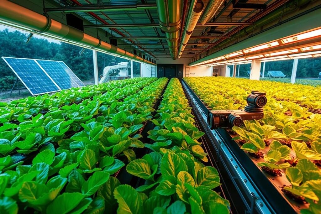 Cultivos Ideais em UTAs A verdant, high-tech agricultural landscape within a self-sustaining, off-grid modular farm. Rows of lush hydroponically-grown crops thrive under the warm glow of LED grow lights, their leaves rustling gently in the circulated air. Automated irrigation systems and robotic harvesters move with precision, optimizing yield and efficiency. In the background, sleek solar panels and battery banks power the entire operation, blending seamlessly into the serene, futuristic setting. The overall mood is one of innovative, sustainable agriculture - a vision of the farms of tomorrow, today.