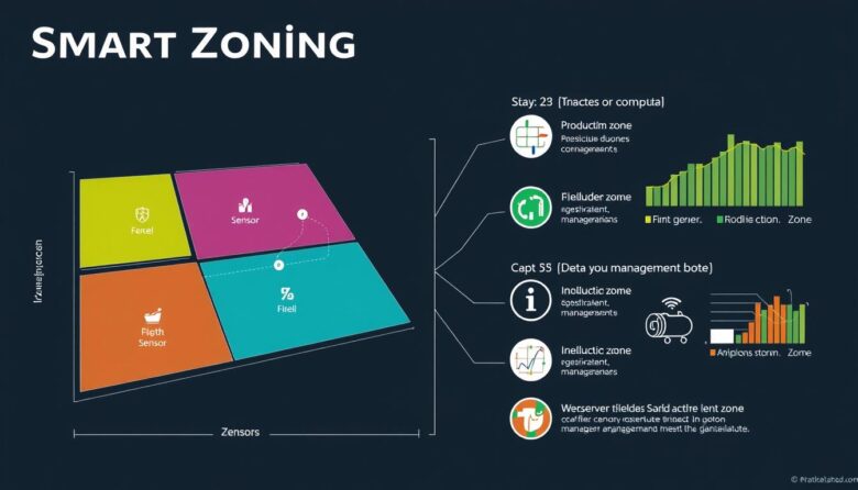 Diagrama ilustrativo de Zoneamento Inteligente mostrando diferentes zonas de produção com sensores e tecnologia
