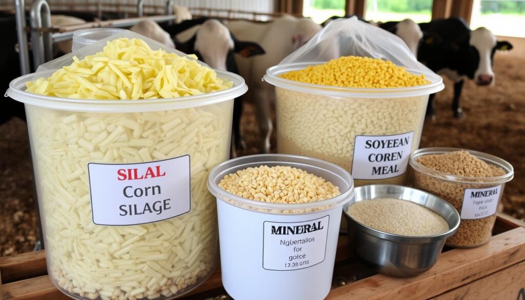 Diferentes formulações de ração para gado de leite sendo preparadas na propriedade