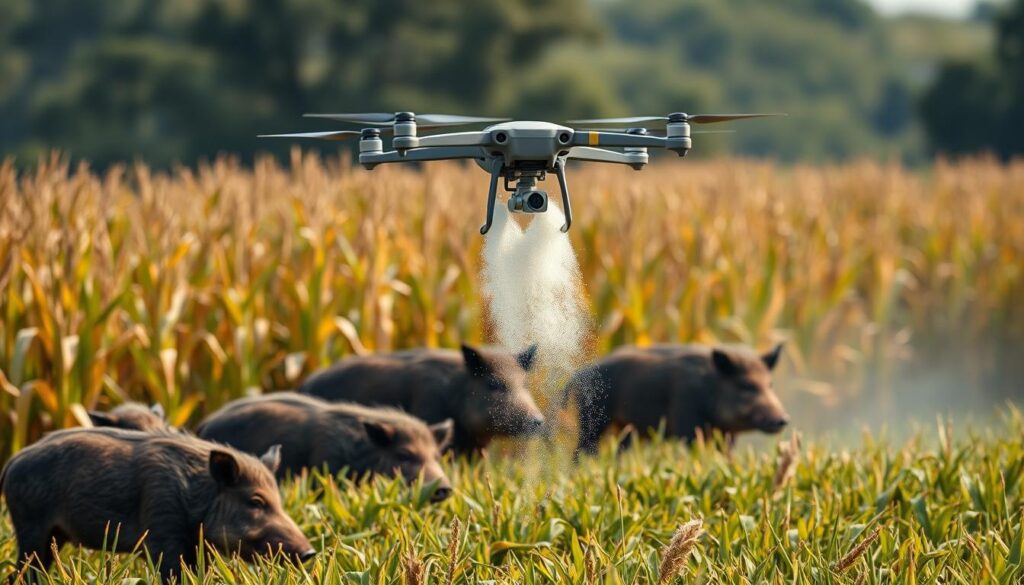 Drone aplicando pó tranquilizante sobre porcos-do-mato em uma plantação de milho Drone aplicando pó tranquilizante sobre porcos-do-mato em uma plantação de milho