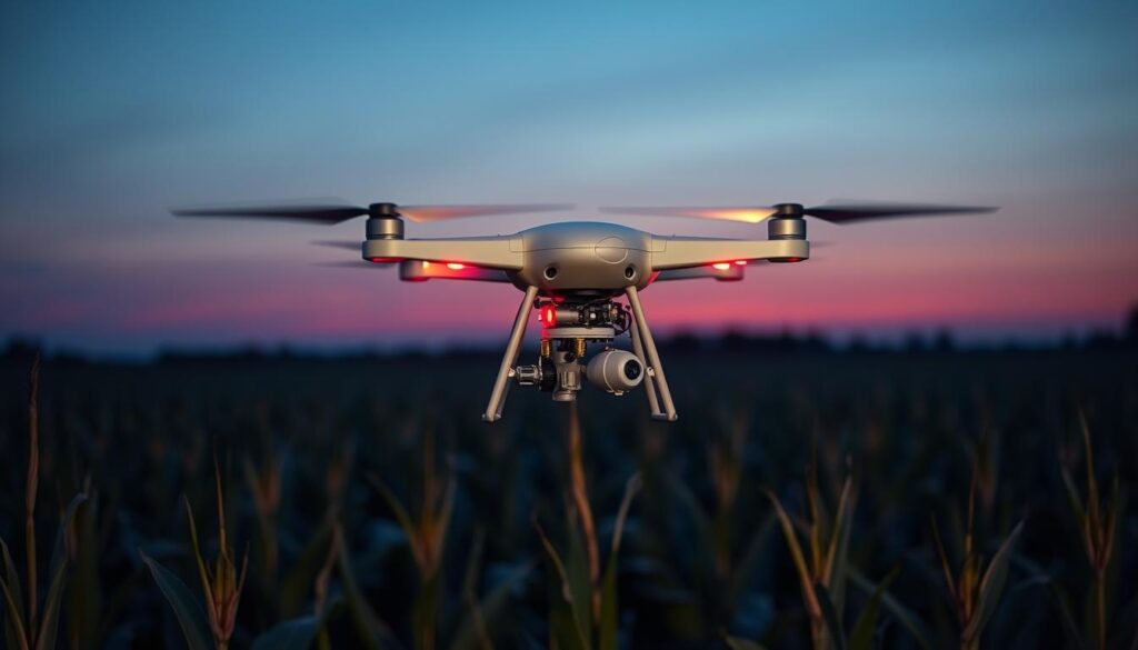 Drone especializado para aplicação de pó tranquilizante sobrevoando uma plantação Drone especializado para aplicação de pó tranquilizante sobrevoando uma plantação