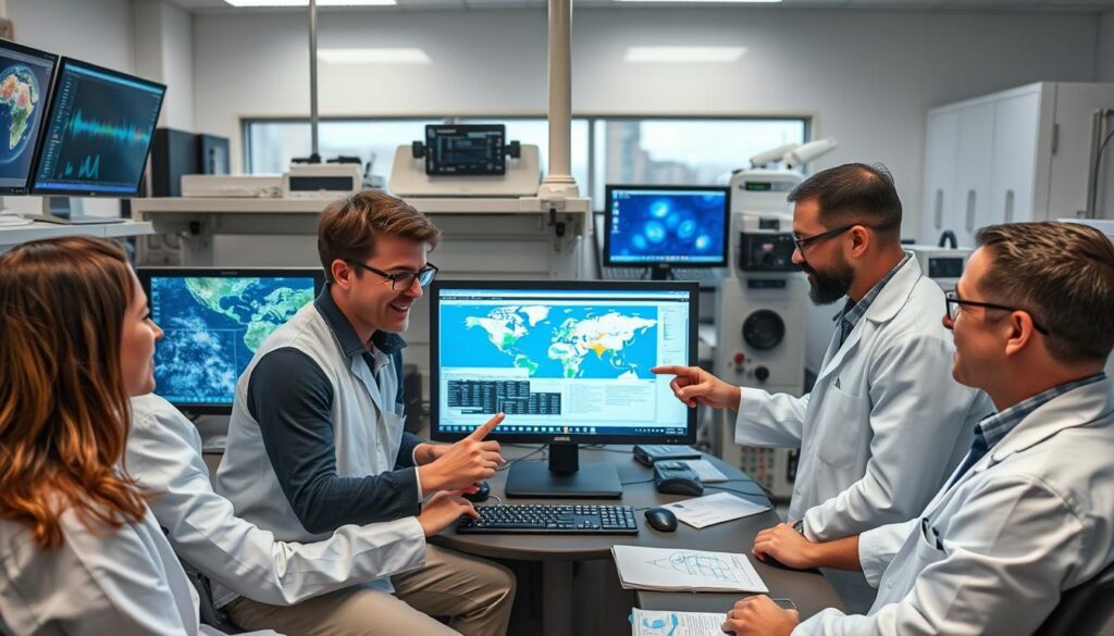 Equipe de cientistas utilizando tecnologia avançada para verificar dados climáticos em laboratório Equipe de cientistas utilizando tecnologia avançada para verificar dados climáticos em laboratório