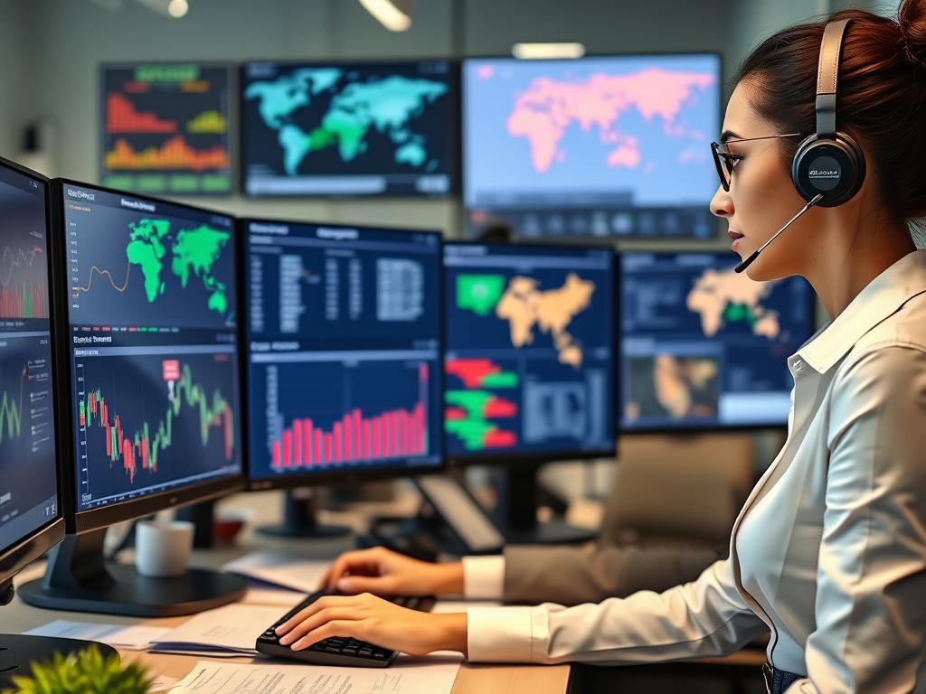 Especialista em comércio exterior analisando dados de exportações agrícolas brasileiras durante o conflito no Golfo Pérsico